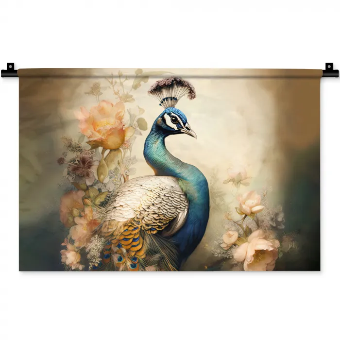 Pauw - Pauwenveren - Bloemen - Vogels - Botanisch Wandkleed katoen klein -zz3d