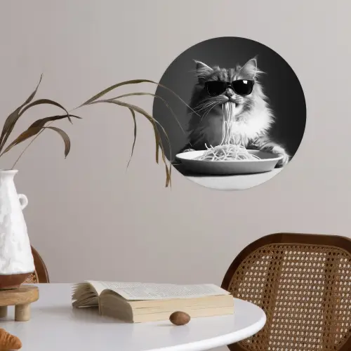 Langharige kat - Zonnebril - Spaghetti - Humor - Zwart - wit Wandcirkel behangsticker klein -sfeer3