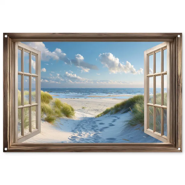 Tuinposter - Doorkijk - Strand - Raam - Duinen - Zee