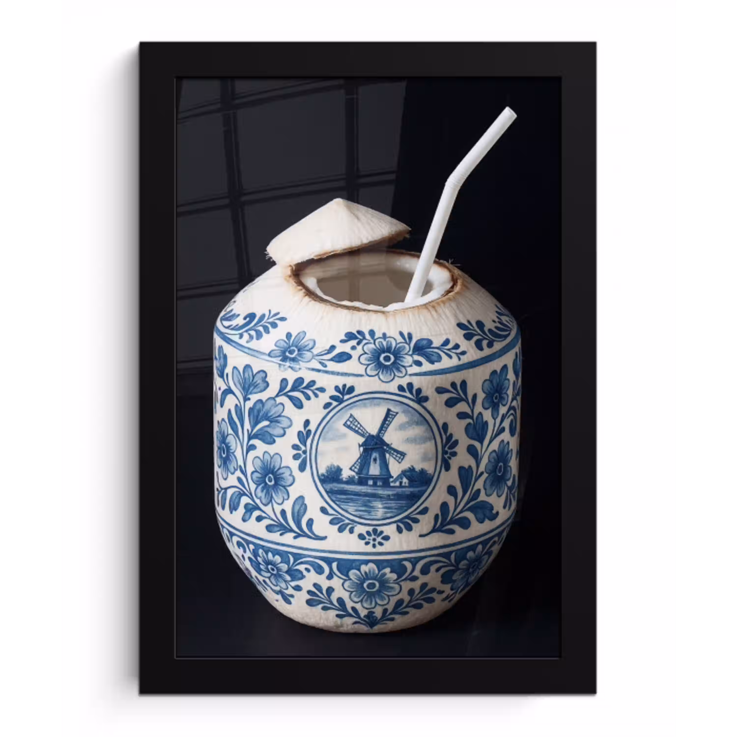 Kokosnoot - Eten - Delfts blauw - Drinken fotolijst zwart zonder passe partout klein -3d