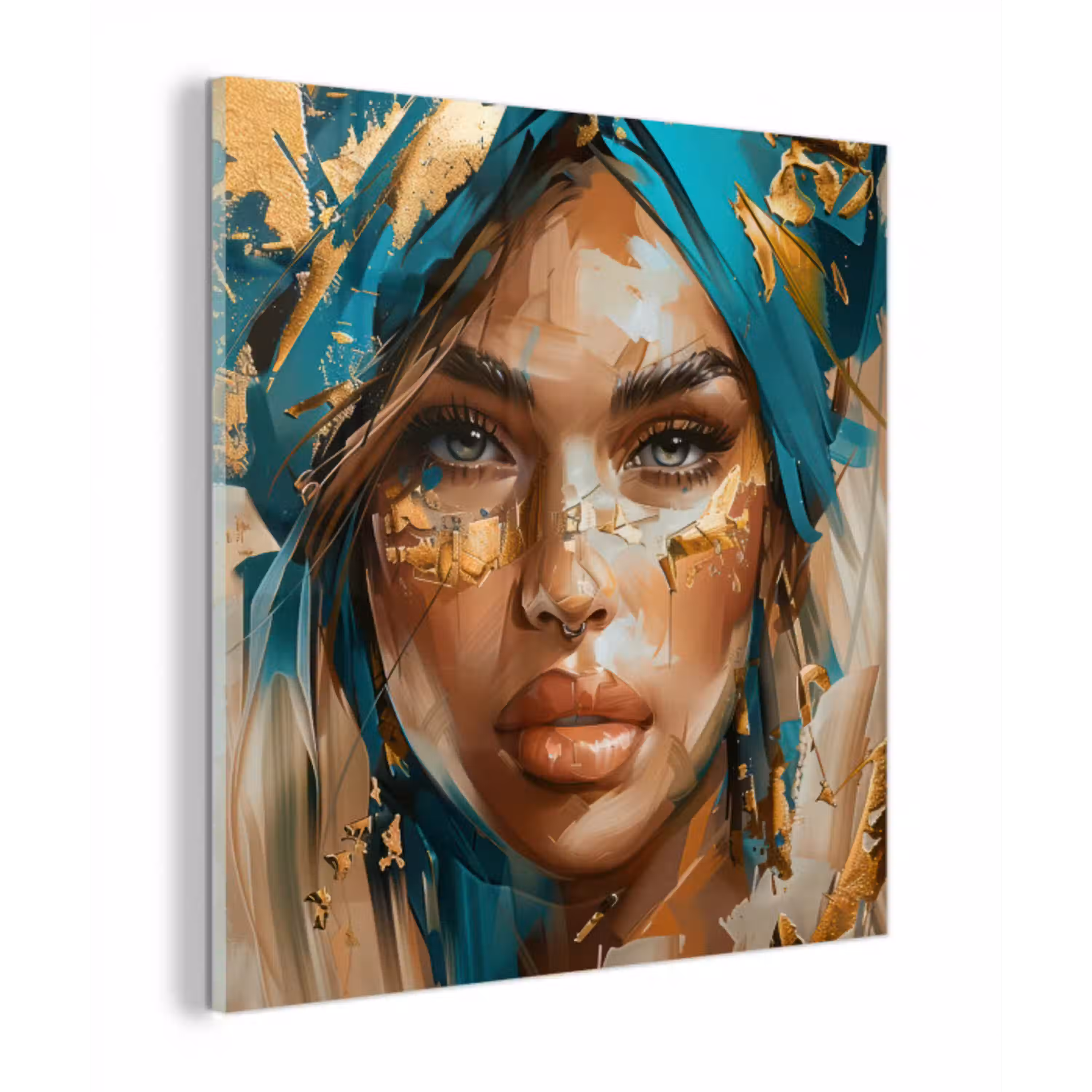 Vrouw - Portret - Goud - Luxe - Blauw plexiglas 5mm klein -z3d