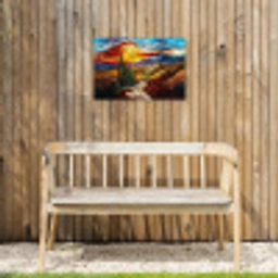 Mozaïek - Zon - Landschap - Dorp Tuinposter op houten frame 2 cm dik klein -sfeer4