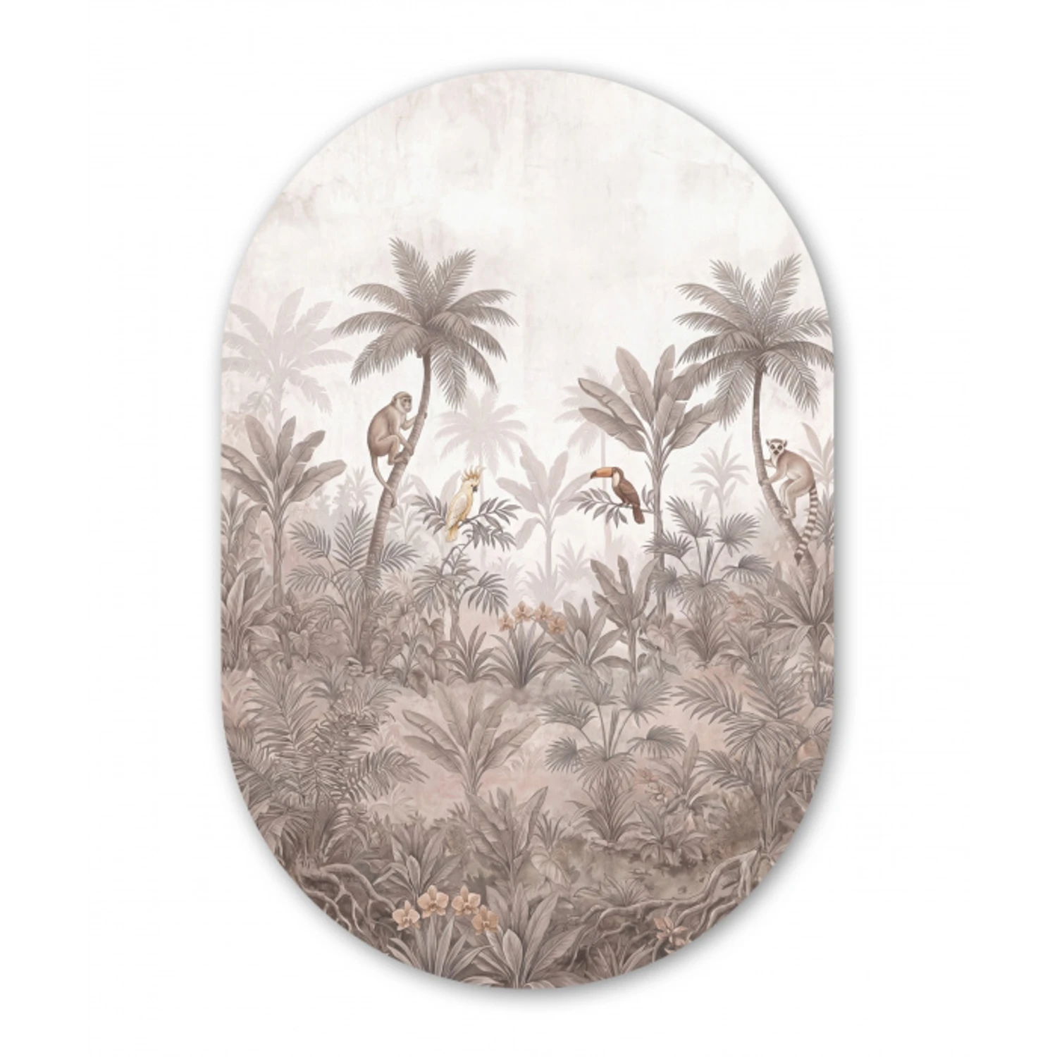 Jungle - Dieren - Palmbomen Wandcirkel Ovaal Aluminium middel -3d