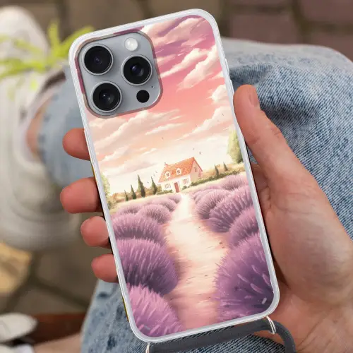 Lavendelveld - Huis - Paars Hoesje iPhone 16 Pro Max met koord klein -sfeer3