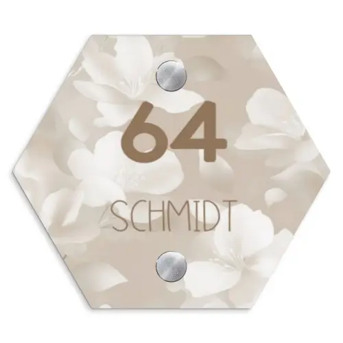 Beigefarbene Blumen - Modern Naambord Hexagon klein -3d