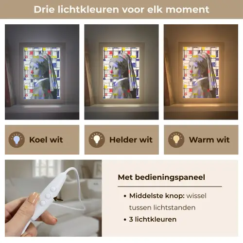 Mondriaan - Meisje met de parel - Collage Light Box met kabel (Tafellamp) klein -USP_lichtkleurNL
