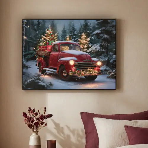 Kersttruck - Sneeuwbos - Rood Textielframe - compleet frame klein -sfeer1