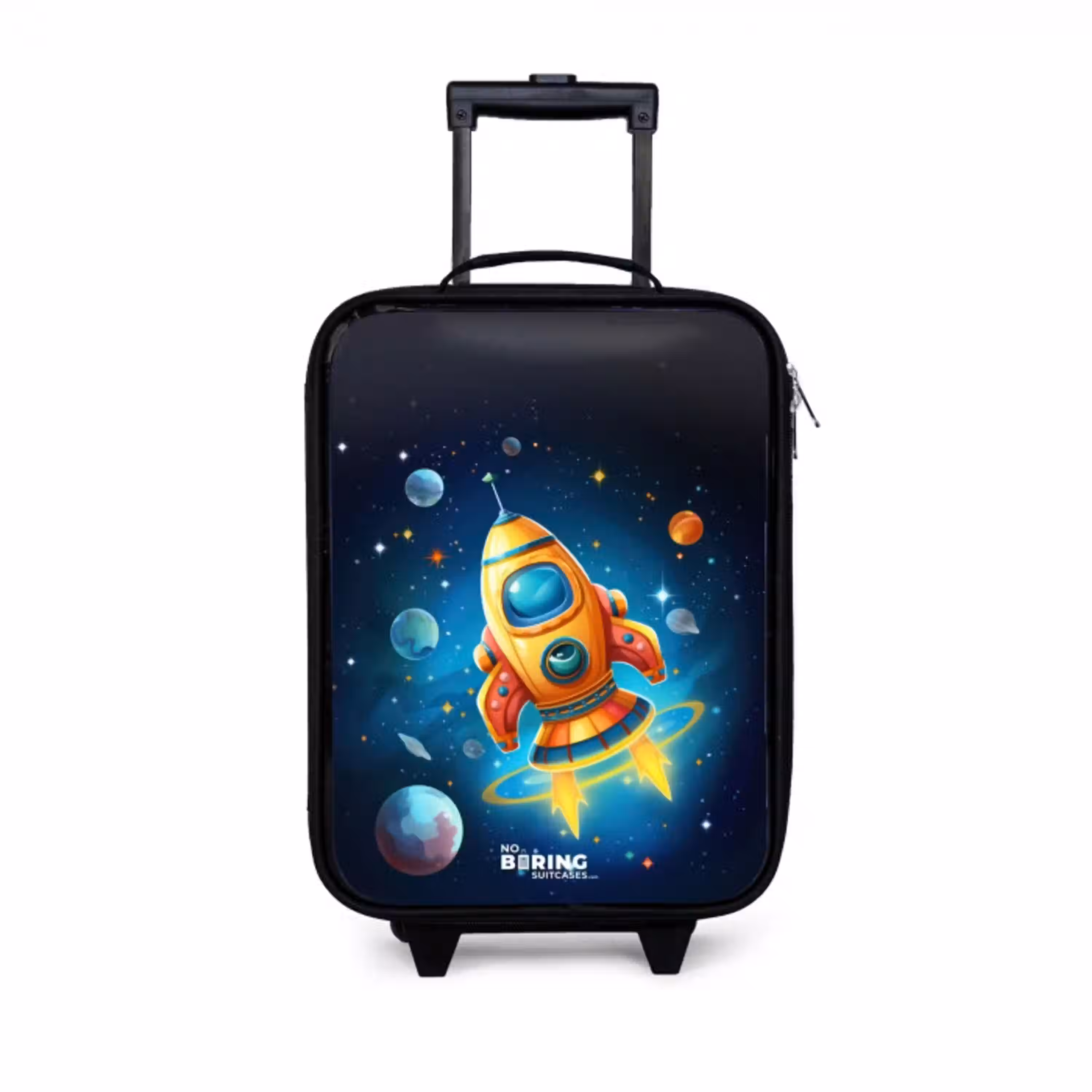 Oranje raket in de sterrenhemel Kinderkoffer - Zwart klein -3d