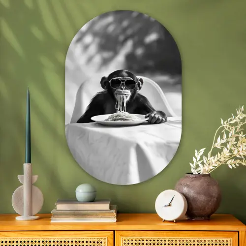 Aap - Spaghetti - Zonnebril - Zwart wit - Cool - Dier Wandcirkel Ovaal Glas middel -sfeer2