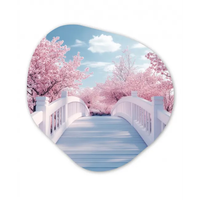 Brug - Kersenbomen - Wit Wandcirkel Organisch Plexiglas middel -3d