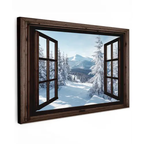 Winter - Landschap - Natuur - Berg - Bomen - Doorkijk - Uitzicht Tuinposter op houten frame 2 cm dik klein -3d