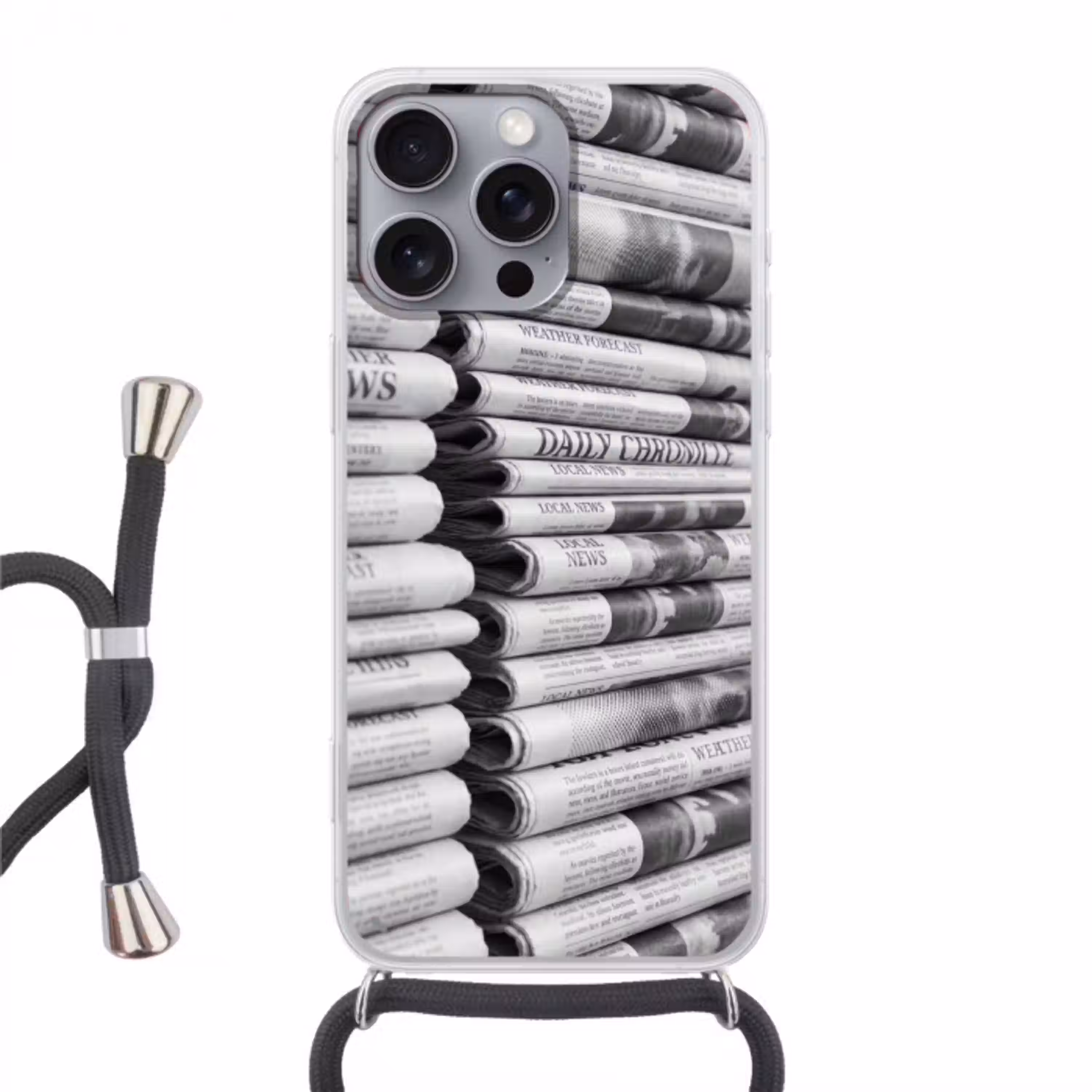 Krant - Stapel - Nieuws - Zwart-wit - Media Hoesje iPhone 16 Pro Max met koord klein -3d