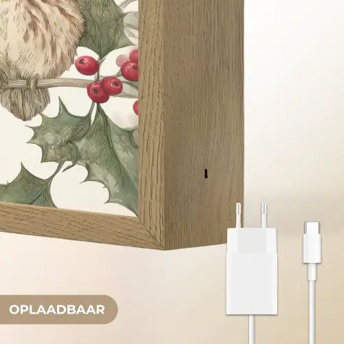 Uilen - Tak - Hulstblaadjes - Kerstmuts Light Box met batterij (Wandlamp) middel -USP_websiteoplaadbaarNL