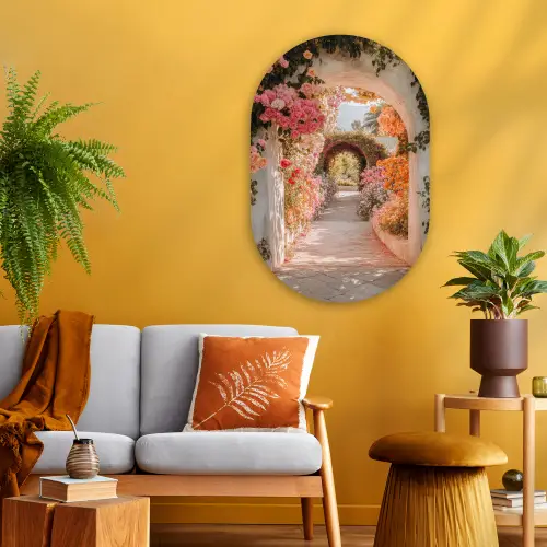 Doorkijk - Boog - Bloemen - Pastel Wandcirkel Ovaal Glas middel -sfeer4