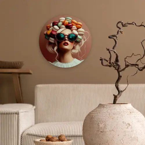 Vrouw - Macarons - Bril Wandcirkel kunststof plaat 5mm dik klein -sfeer1