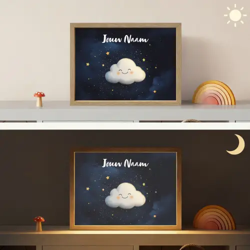 Wolkje - Gezichtje - Sterren - Donkerblauw Light Box met batterij (Wandlamp kind) middel -sfeer3_kind