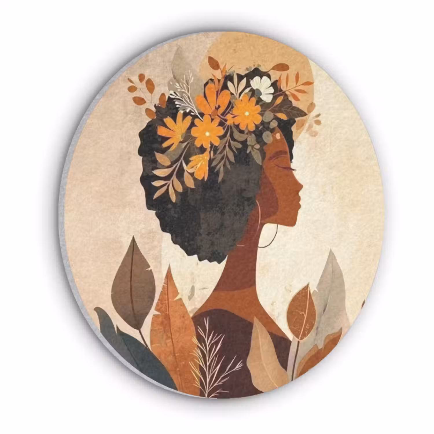 Akoestisch schilderij rond - Vrouw - Krullen - Bloemen - Beige