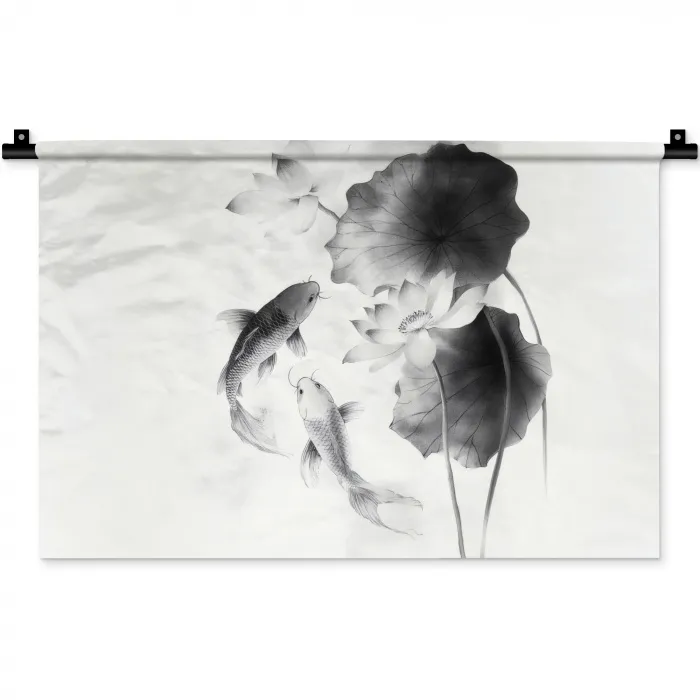 Lotusbloemen - Vissen - Bladeren - Zwart Wandkleed katoen klein -zz3d