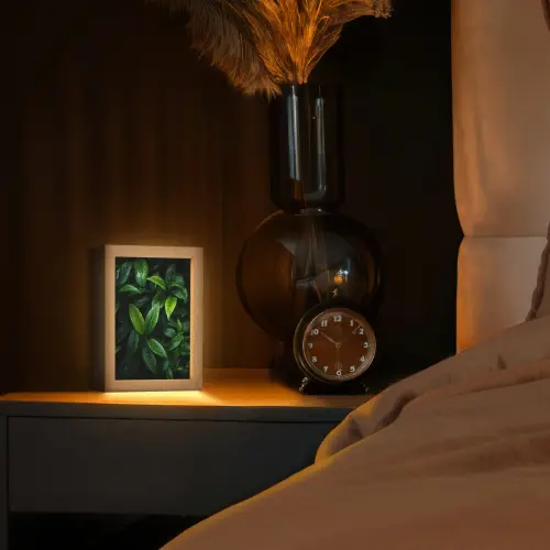 Bladeren - Regendruppels - Licht - Groen Light Box met kabel (Tafellamp) klein -sfeer1