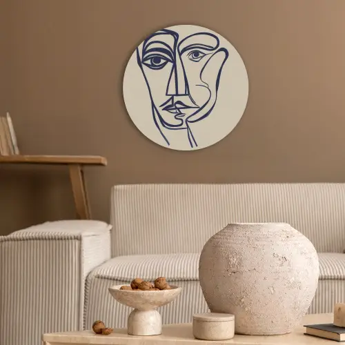 Minimalistisch - Lijnillustratie - Beige - Donkerblauw Akoestische PET Vilt - Rond klein -sfeer1