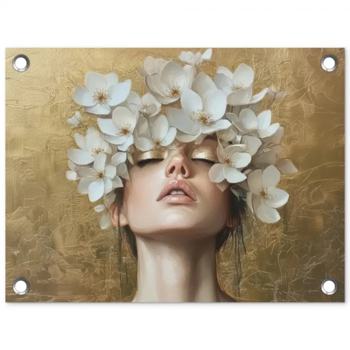 Gezicht - Bloemen - Goud - Abstract tuinposter los doek klein -3d