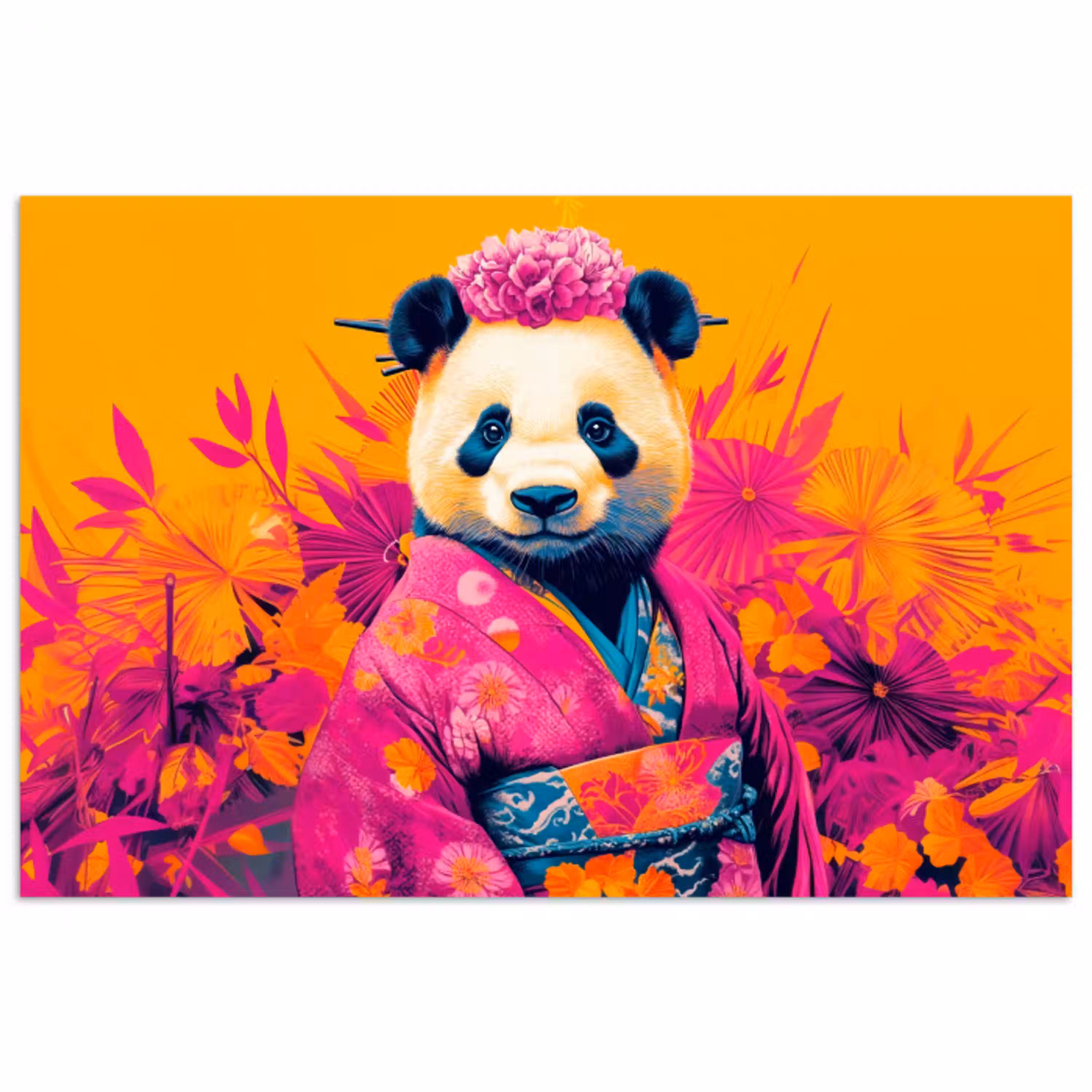 Kimono - Roze - Panda - Bloemenkroon poster papier klein -3d
