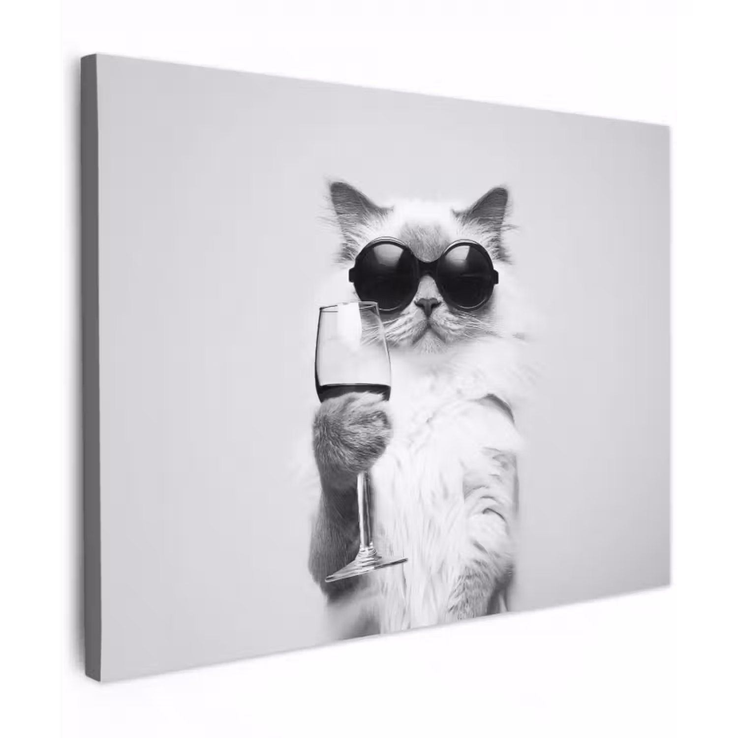 Leinwandbild - Katze - Sonnenbrille - Weinglas - Langhaarig
