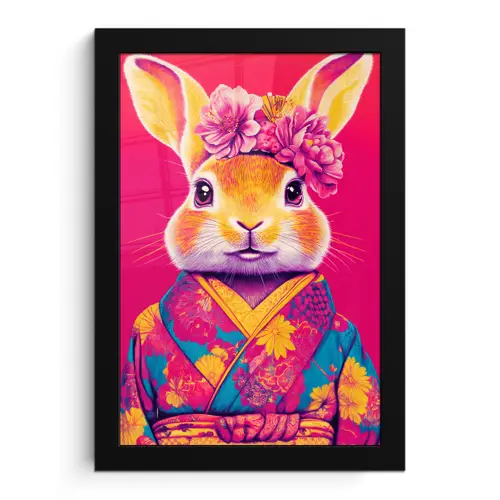 Konijn - Bloemen - Kleurrijk - Kimono fotolijst zwart zonder passe partout klein -3d