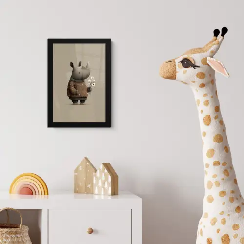 Neushoorn - Witte bloemen - Lief fotolijst zwart zonder passe partout klein -usfeer4_kinderkamer