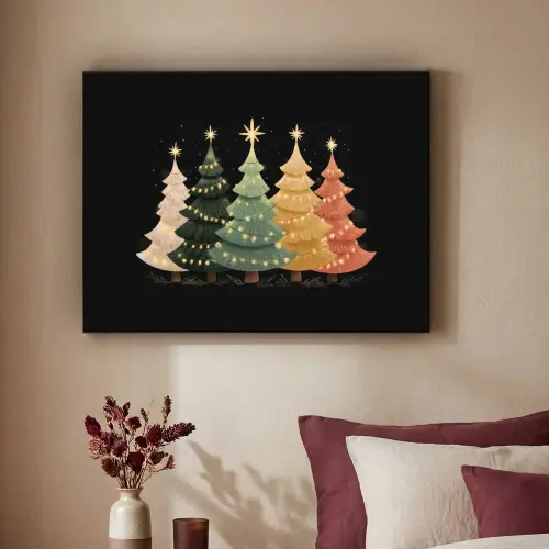 Kerstbomen - Kleurrijk - Lichtjes - Ster Textielframe zwart klein -sfeer1