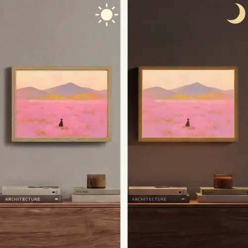 Bloemenweide - Heuvels - Silhouet - Roze Light Box met batterij (Wandlamp) middel -sfeer3