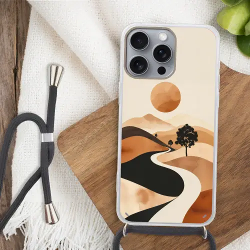 Zon - Heuvels - Boom - Abstract Hoesje iPhone 16 Pro Max met koord klein -sfeer4