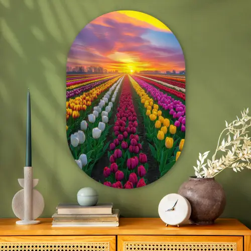 Tulpenveld - Zonsondergang - Kleurrijk Wandcirkel Ovaal Glas middel -sfeer2