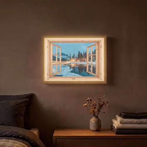 Winterlandschap - Natuur - Huis - Bergen - Doorkijk - Raam Light Box met batterij (Wandlamp) middel -sfeer4