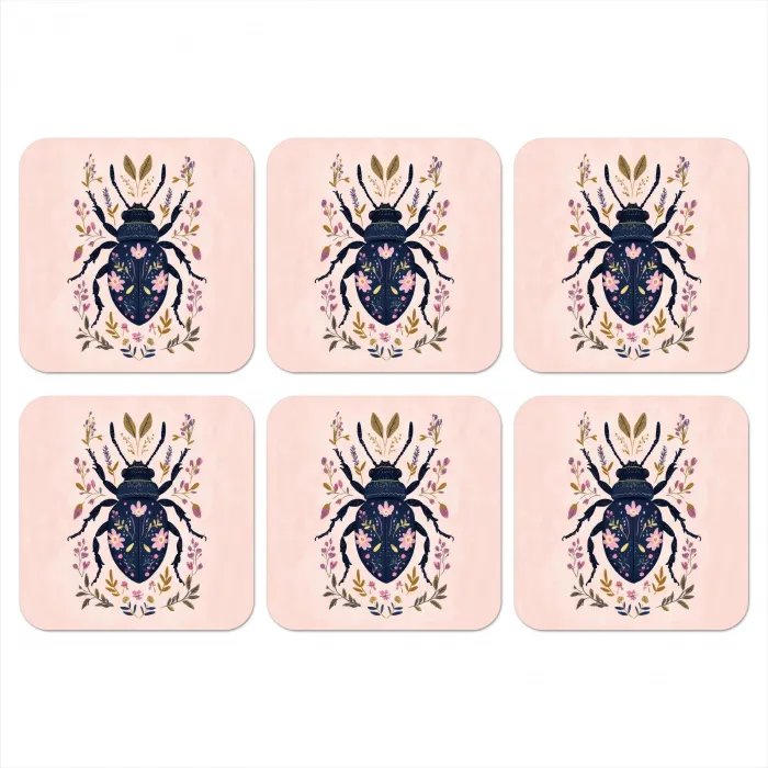 Donkerblauw - Kever - Bloemtakken - Sierlijk onderzetter kurk middel -3d