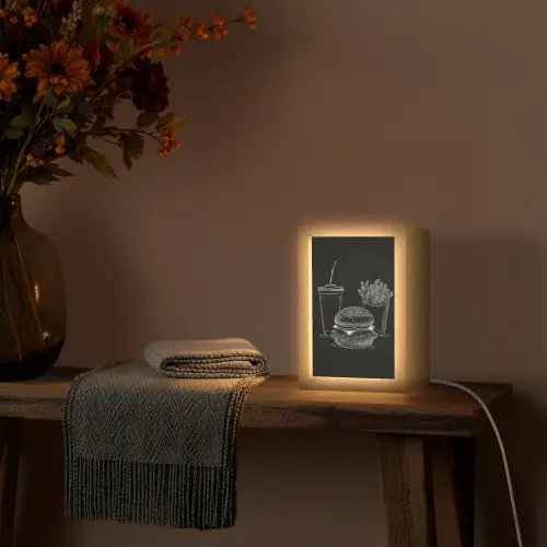 Hamburger - Friet - Frisdrank - Krijttekening Light Box met kabel (Tafellamp) klein -sfeer4
