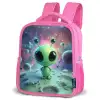 Groen alienfiguurtje op maanlandschap met kosmische achtergrond Kinderrugzak - Roze middel -schuin