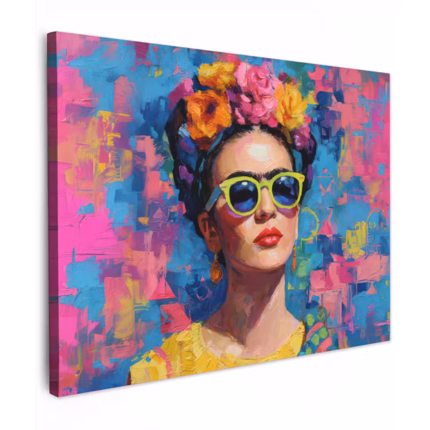 Canvas schilderij - Vrolijk portret - Vrouw - Bloemenkroon