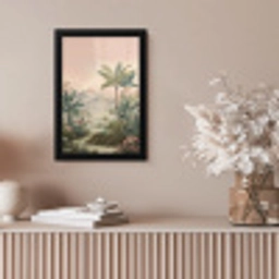 Tropisch landschap - palmbomen - Bloemen - Roze lucht fotolijst zwart zonder passe partout klein -sfeer5