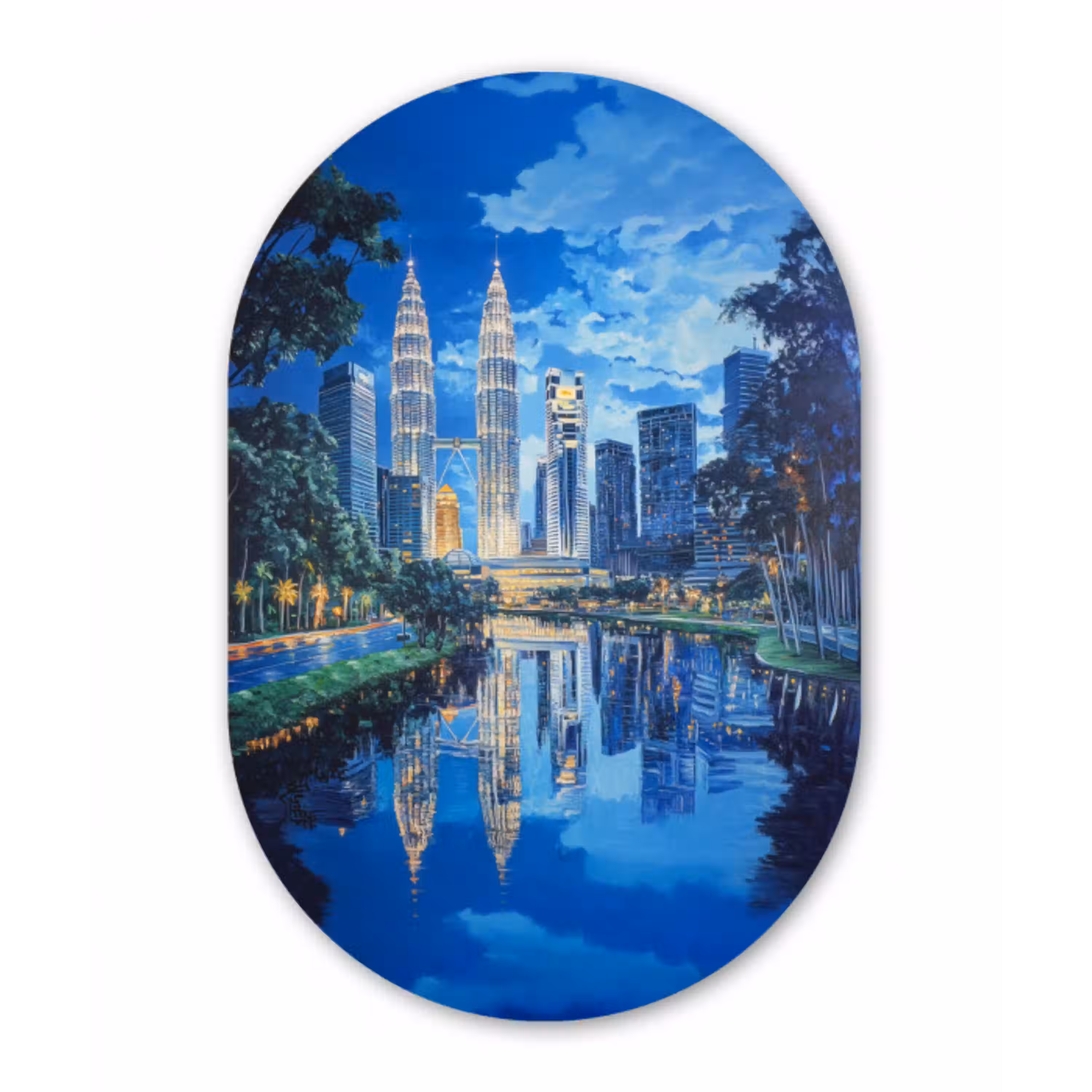 Stad Kuala Lumpur - Skyline - Wolkenkrabbers - Water Wandcirkel Ovaal Aluminium middel -3d