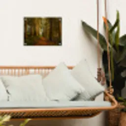 Pad door majestueus dennenbos tuinposter los doek klein -sfeer7