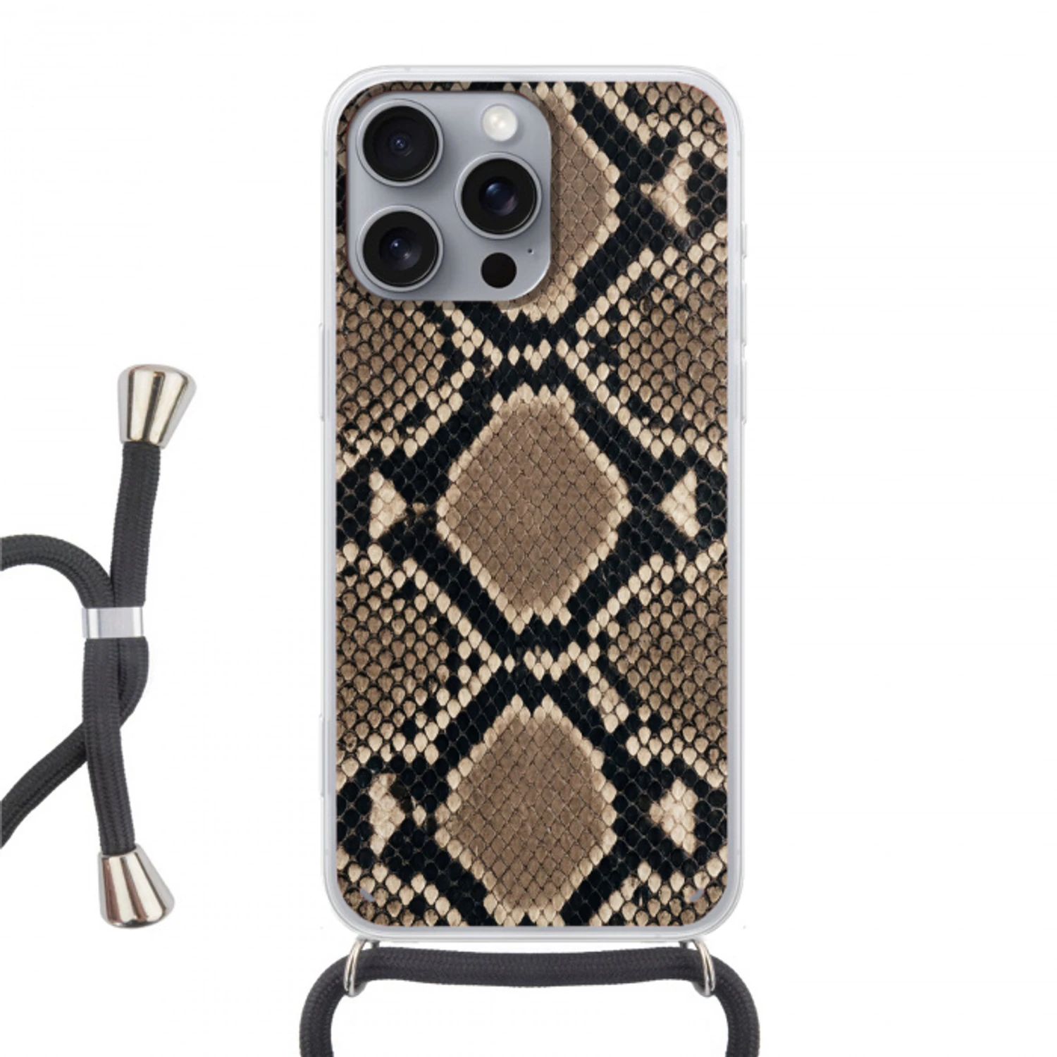 Slangenprint - Python - Bruin Hoesje iPhone 16 Pro Max met koord klein -3d