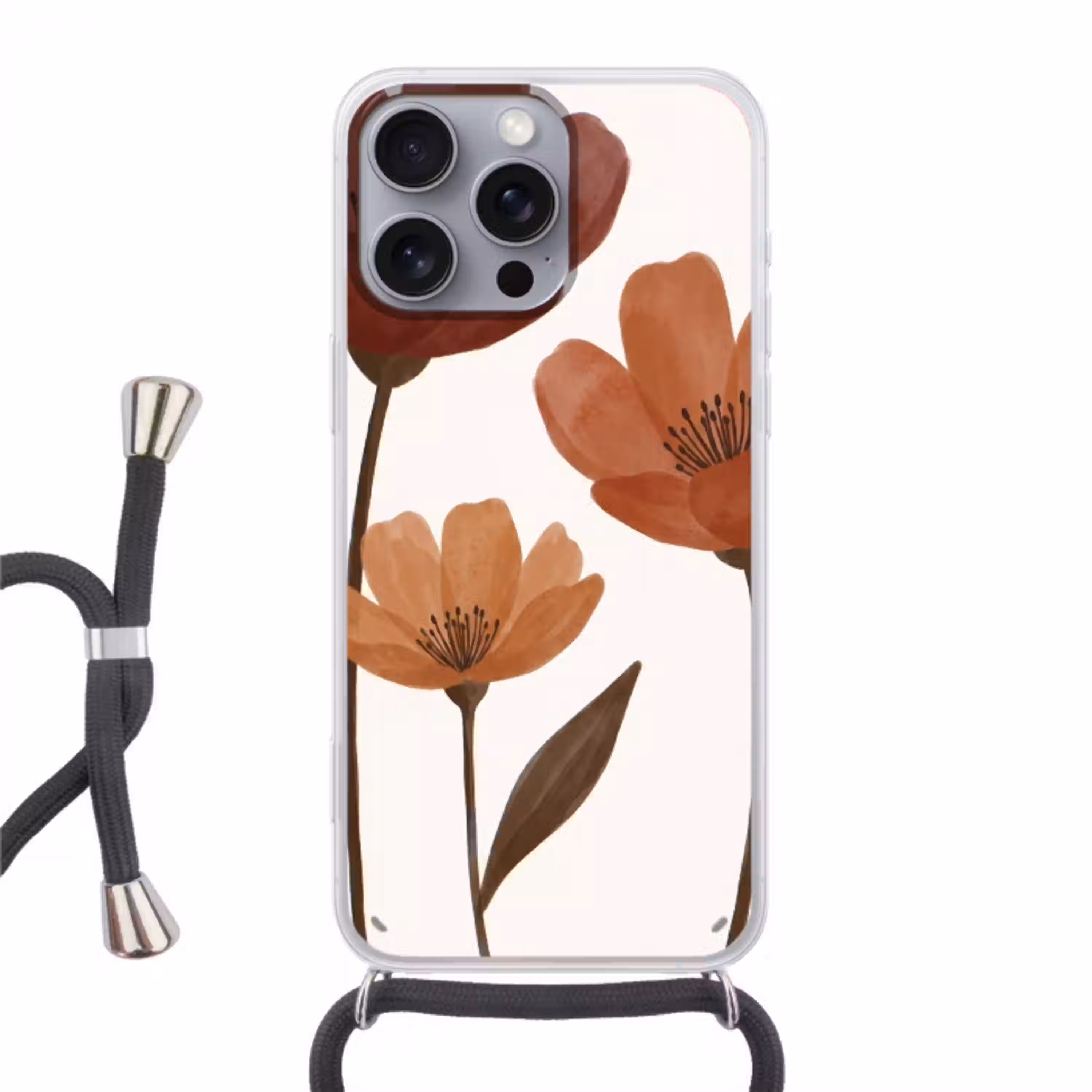 Bloemen - Abstract - Modern - Bruin - Decoratief Hoesje iPhone 16 Pro Max met koord klein -3d
