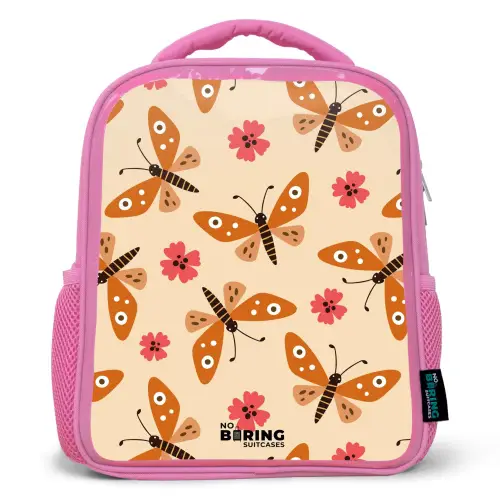Oranje vlinders en roze bloemen op beige achtergrond Kinderrugzak - Roze middel -3d