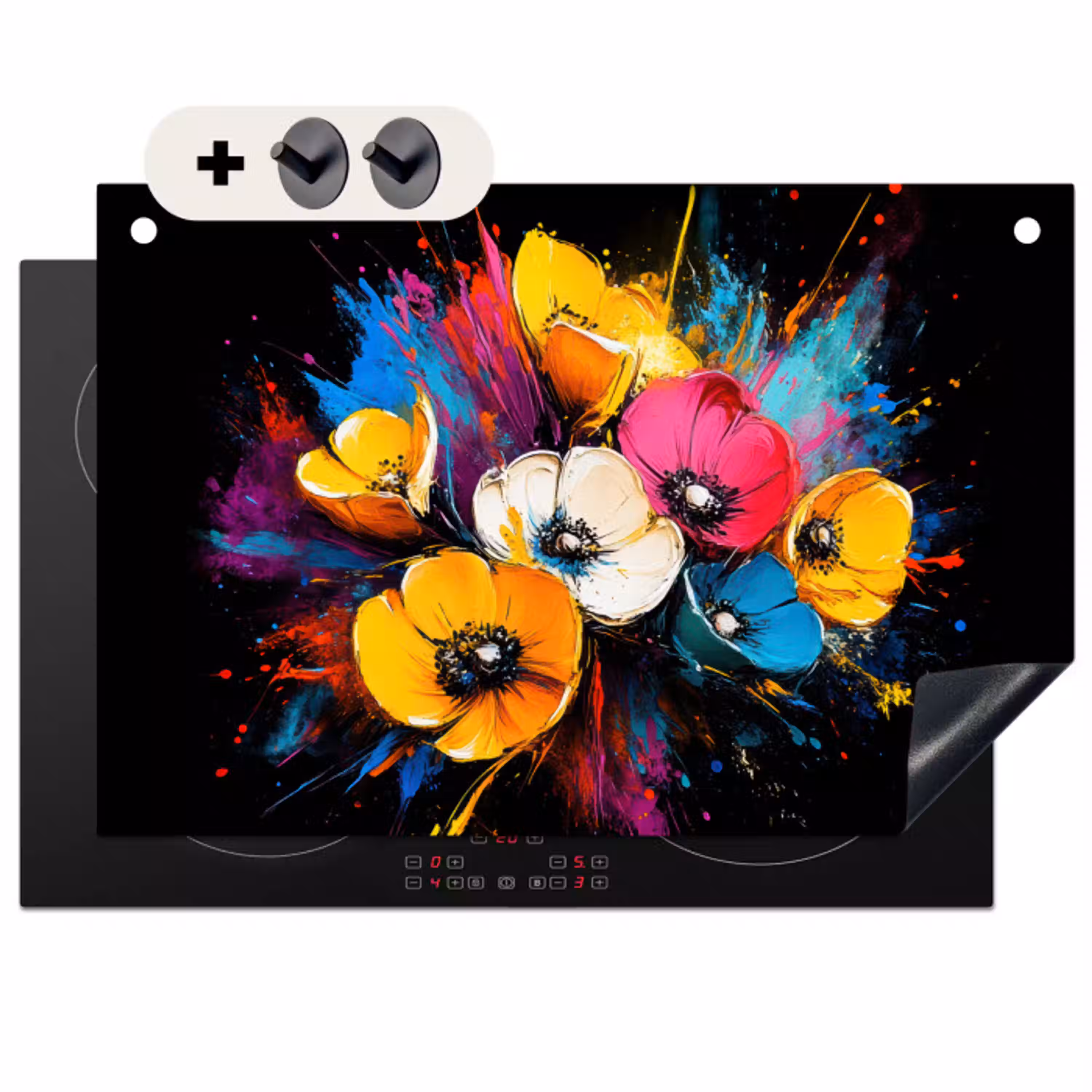Bloemen - Kleurrijk - Graffiti - Modern - Boeket Inductie beschemer met haakjes klein -3d