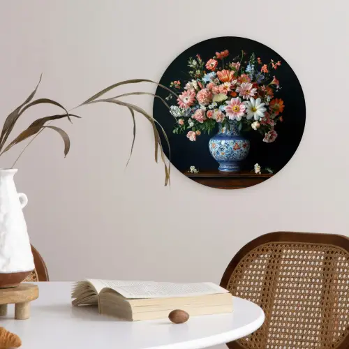 Hout - Vaas - Kleuren - Bloemen Wandcirkel kunststof plaat 5mm dik klein -sfeer4
