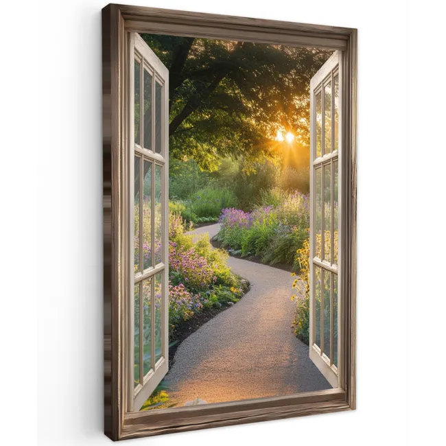 Doorkijk - Bloemen - Natuur - Zon - Pad Tuinposter op houten frame 2 cm dik klein -3d