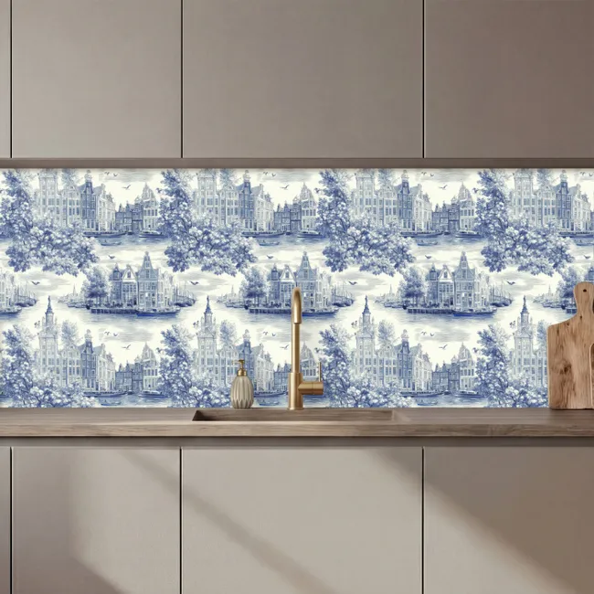 Kitchen Wall Splashback - Houses - Trees - Water - Birds - Blue