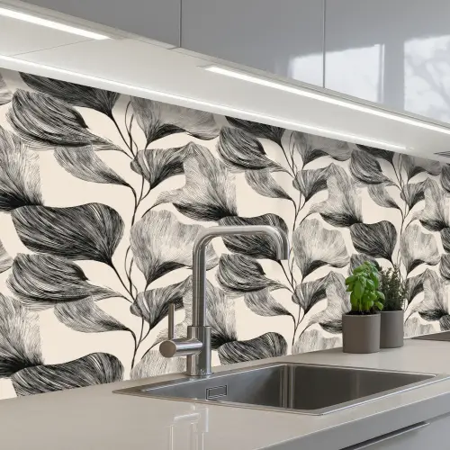 Botanisch - Bladeren - Zwart keuken achterwand 2 middel 871 -3d_schuin
