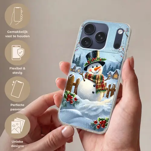 Sneeuwpop - Winterdorp - Kleurrijk Telefoonhoesje iPhone 17 Pro klein -sfeer3_NL